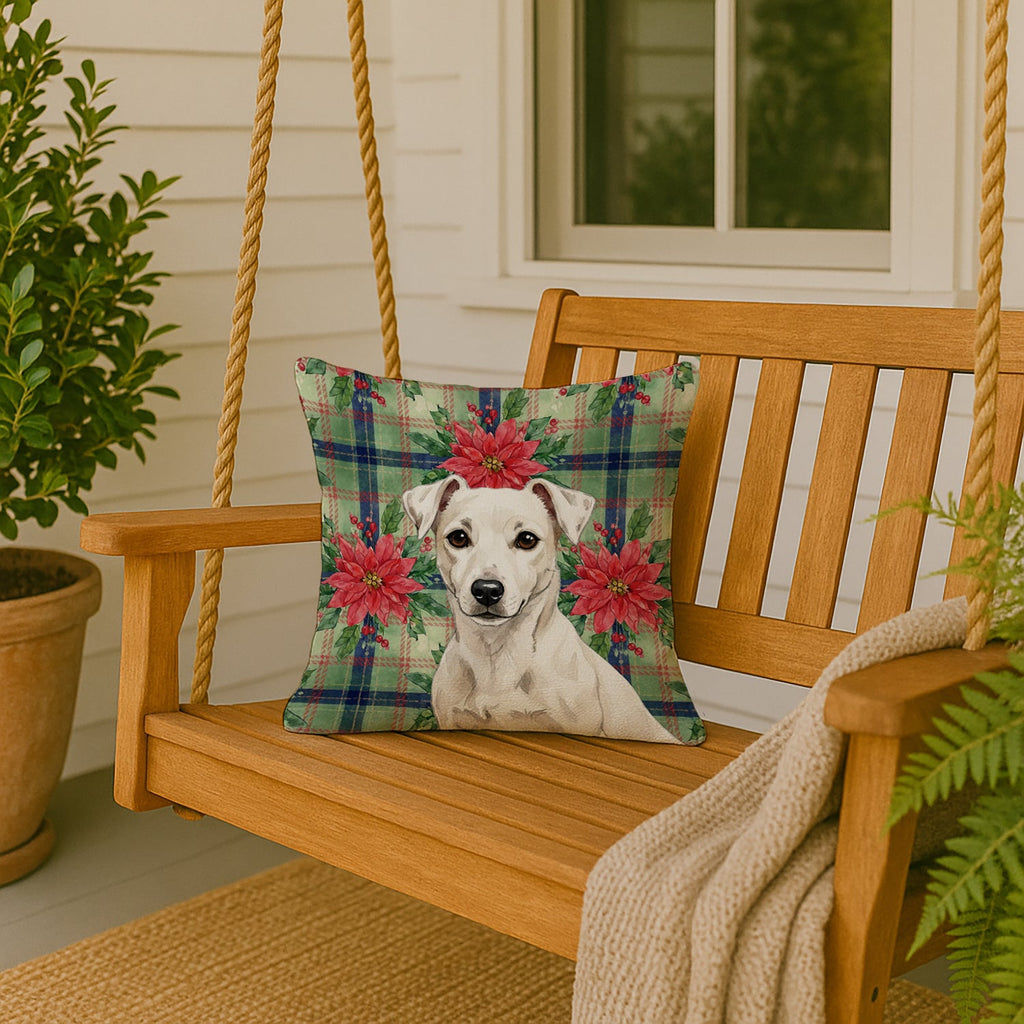 White Jack Russell Terrier Christmas PoinsettIas Decorative Throw Pillow 18x18 Indoor Outdoor Accent Cushion, Fabric Cover with Insert for Sofa, Bed, Porch & Living Room