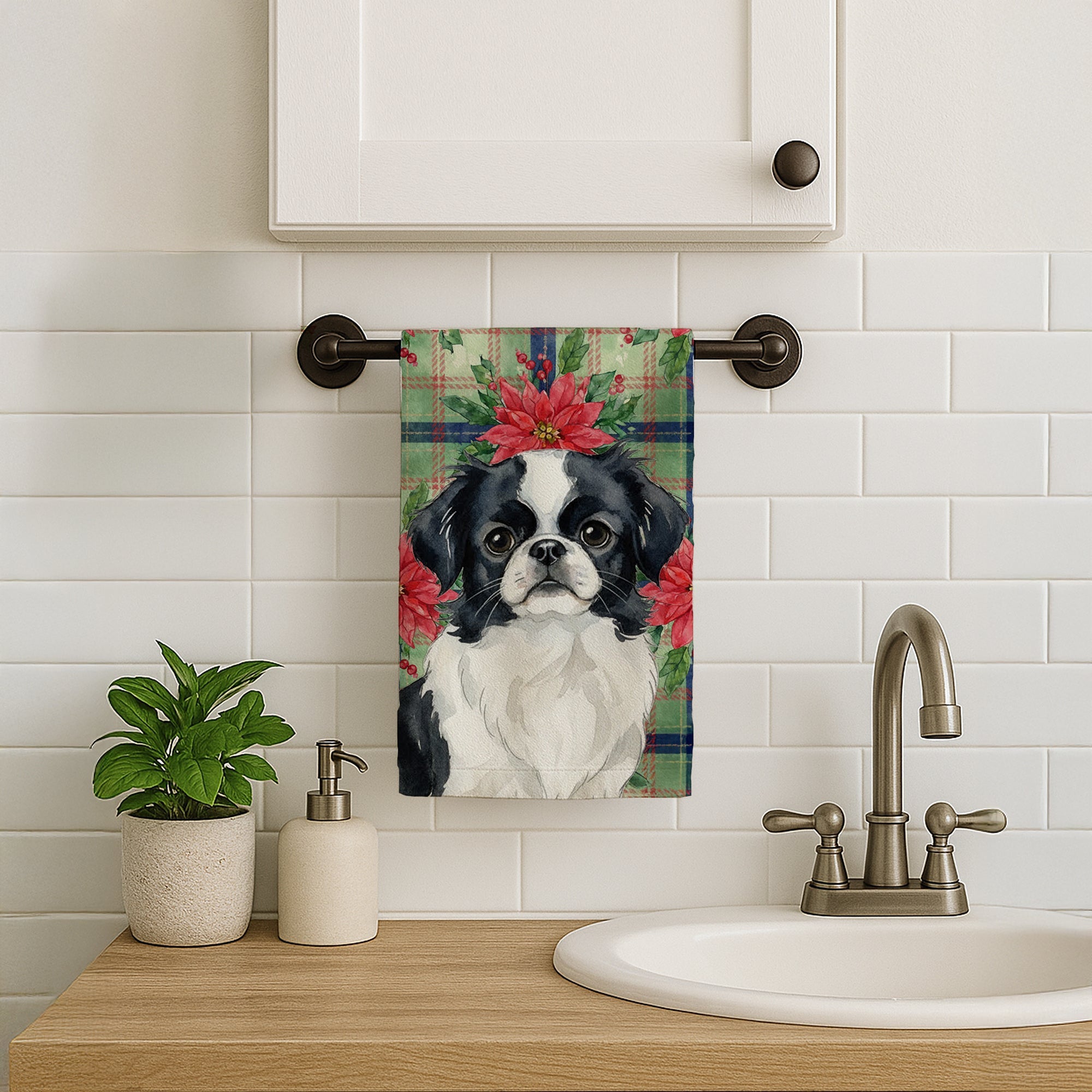 Black and White Japanese Chin Christmas PoinsettIas Kitchen Towel Velour Plush Front and Cotton Loop Back Machine Washable