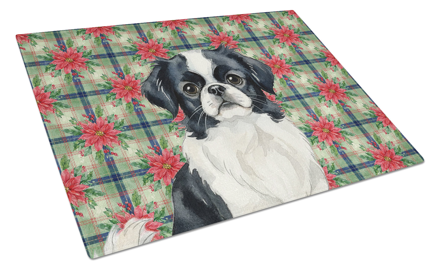 Black and White Japanese Chin Christmas PoinsettIas Cutting Board Tempered Glass Kitchen Cutting Surface, Heat Resistant Chopping, Non-Slip Feet, Food Prep & Serving