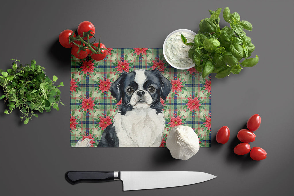 Black and White Japanese Chin Christmas PoinsettIas Cutting Board Tempered Glass Kitchen Cutting Surface, Heat Resistant Chopping, Non-Slip Feet, Food Prep & Serving