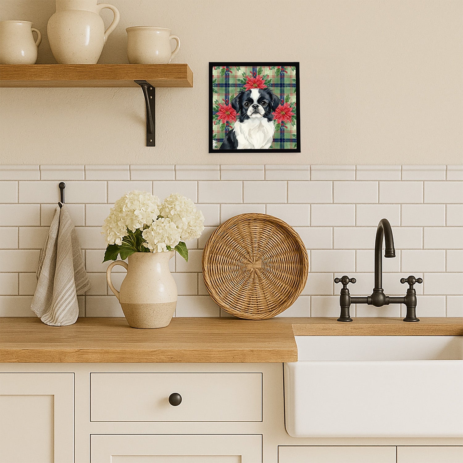 Black and White Japanese Chin Christmas PoinsettIas Framed Metal Print Bathroom, Kitchen, Office, Home Decor Wall Art Ready to Hang, Square, 8X8