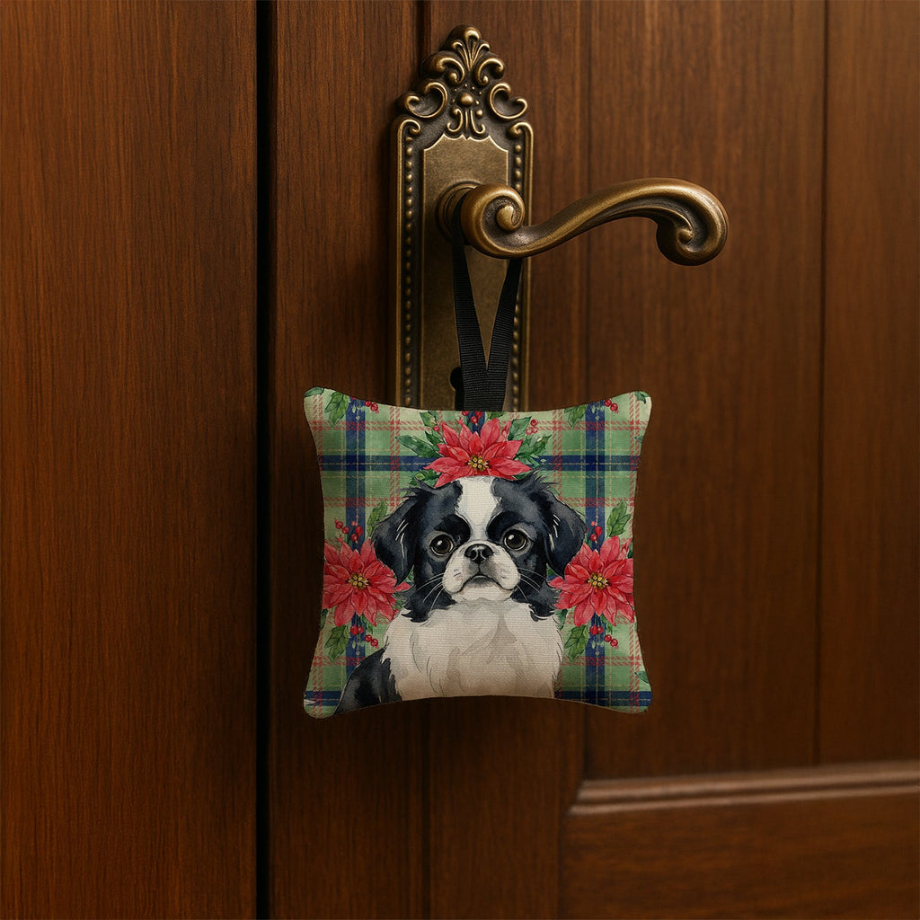 Black and White Japanese Chin Christmas PoinsettIas Hanging Square Fabric Ornament 3.5 � 3.5 Decorative Door-Knob & Tree Hanger, Soft Fabric