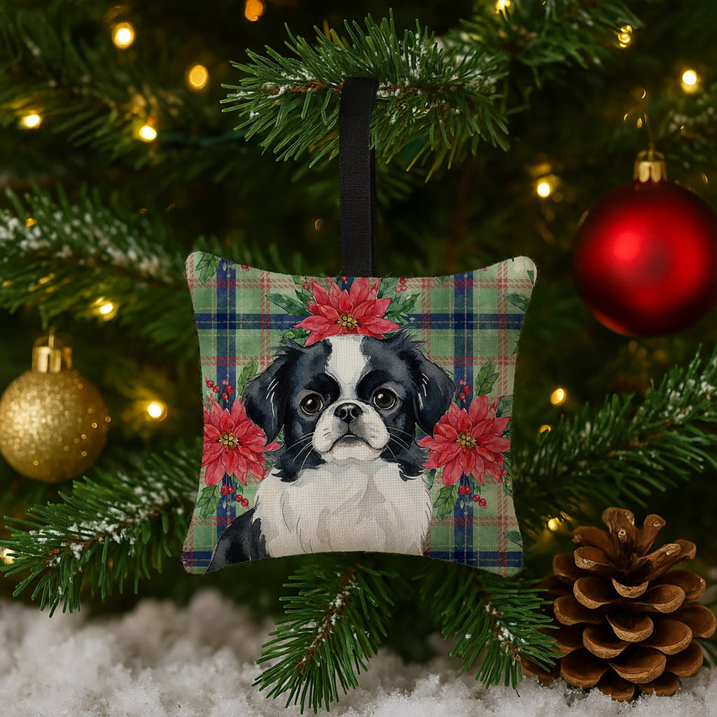 Black and White Japanese Chin Christmas PoinsettIas Hanging Square Fabric Ornament 3.5 � 3.5 Decorative Door-Knob & Tree Hanger, Soft Fabric