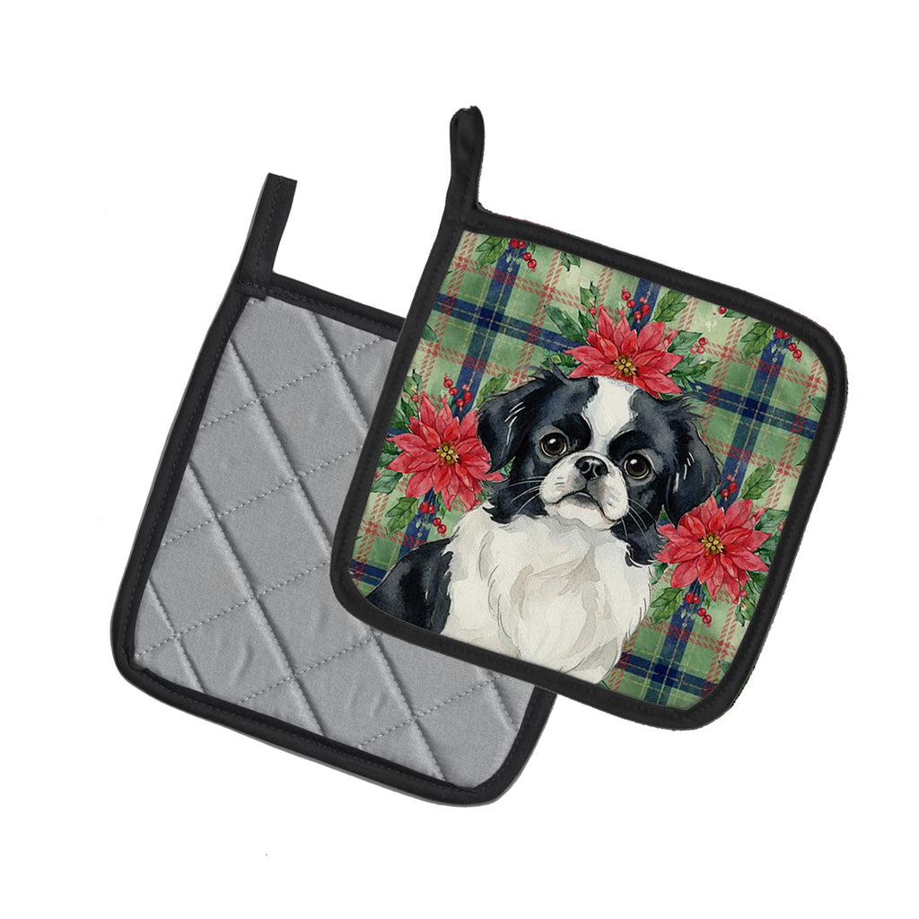 Black and White Japanese Chin Christmas PoinsettIas Pot Holder Set of 2 Heat Resistant Quilted Hot Pads 7.5 x 7.5 Inch, Insulated Kitchen Trivets for Cooking & Baking