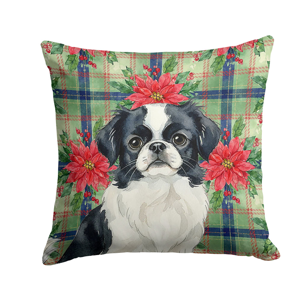 Black and White Japanese Chin Christmas PoinsettIas Decorative Throw Pillow 14x14 Indoor Outdoor Accent Cushion, Fabric Cover with Insert for Sofa, Bed, Porch & Living Room