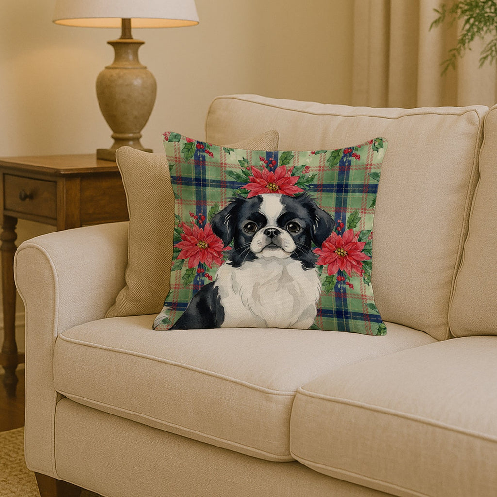 Black and White Japanese Chin Christmas PoinsettIas Decorative Throw Pillow 14x14 Indoor Outdoor Accent Cushion, Fabric Cover with Insert for Sofa, Bed, Porch & Living Room