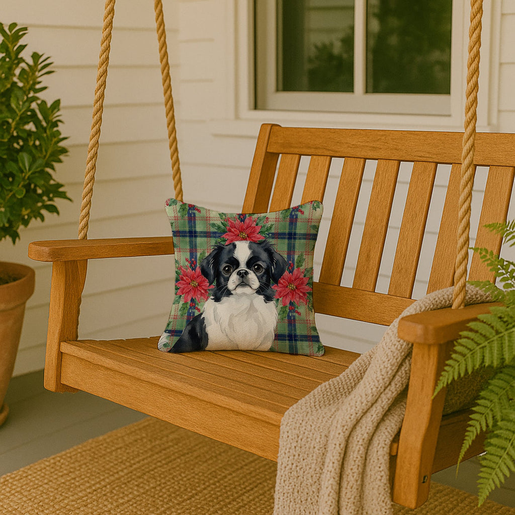 Black and White Japanese Chin Christmas PoinsettIas Decorative Throw Pillow 14x14 Indoor Outdoor Accent Cushion, Fabric Cover with Insert for Sofa, Bed, Porch & Living Room