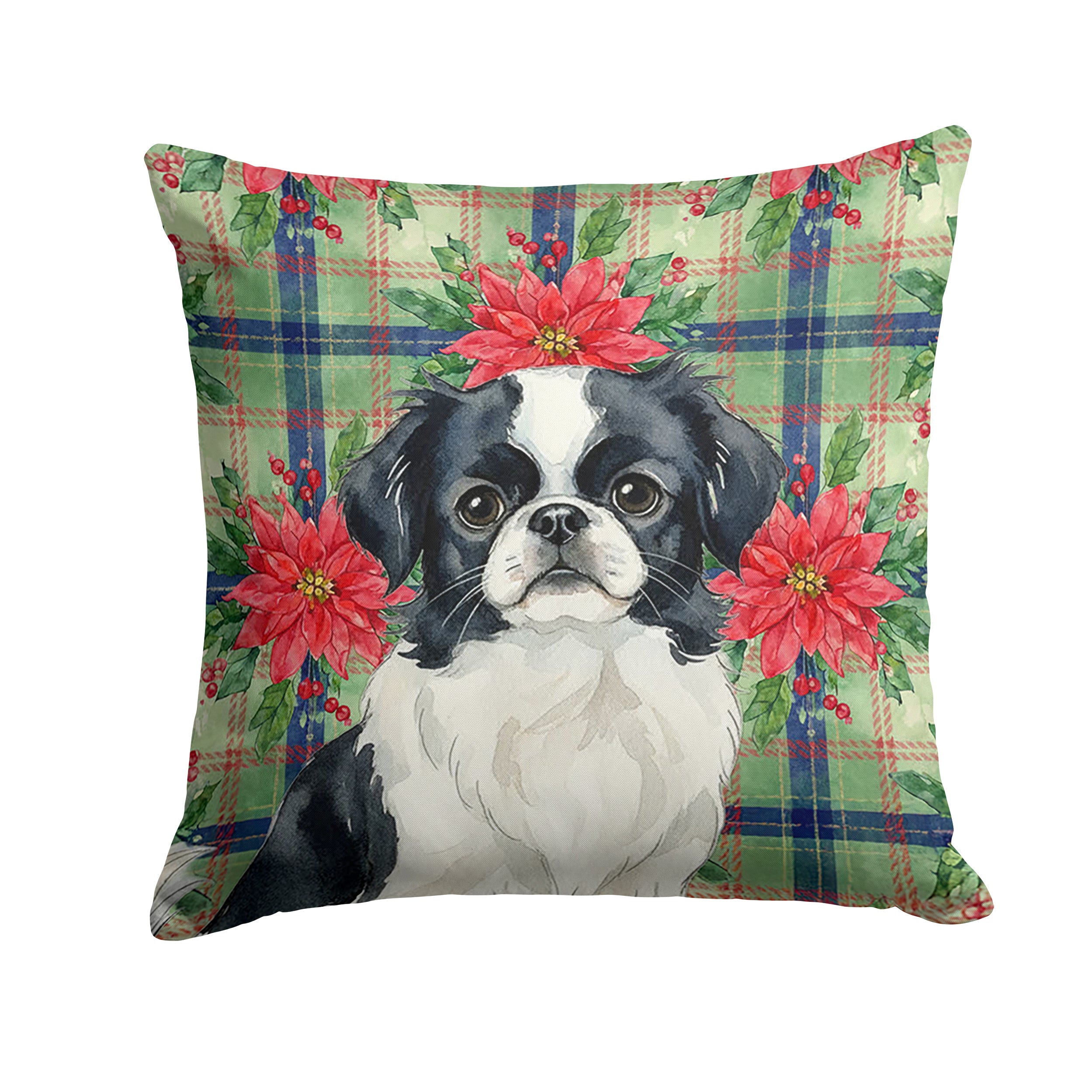 Black and White Japanese Chin Christmas PoinsettIas Decorative Throw Pillow 18x18 Indoor Outdoor Accent Cushion, Fabric Cover with Insert for Sofa, Bed, Porch & Living Room