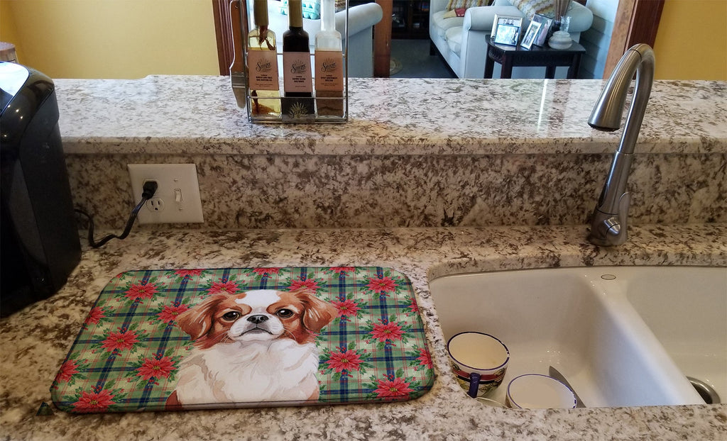 Red and White Japanese Chin Christmas PoinsettIas Dish Drying Mat Absorbent Dish Drying Mat Pad for Kitchen Counter Dish Drainer Mat for Countertop, 14 x 21", Multicolor