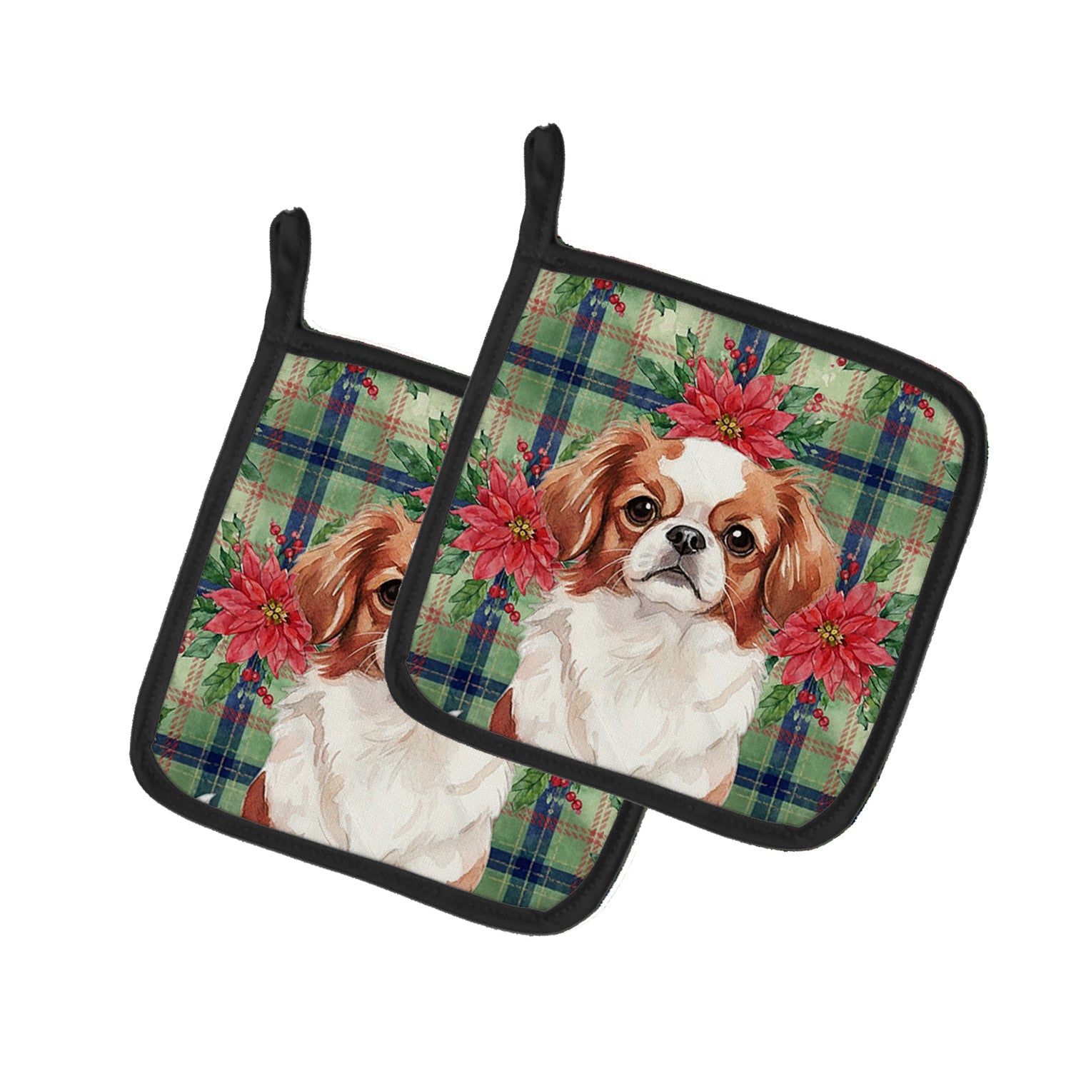 Red and White Japanese Chin Christmas PoinsettIas Pot Holder Set of 2 Heat Resistant Quilted Hot Pads 7.5 x 7.5 Inch, Insulated Kitchen Trivets for Cooking & Baking