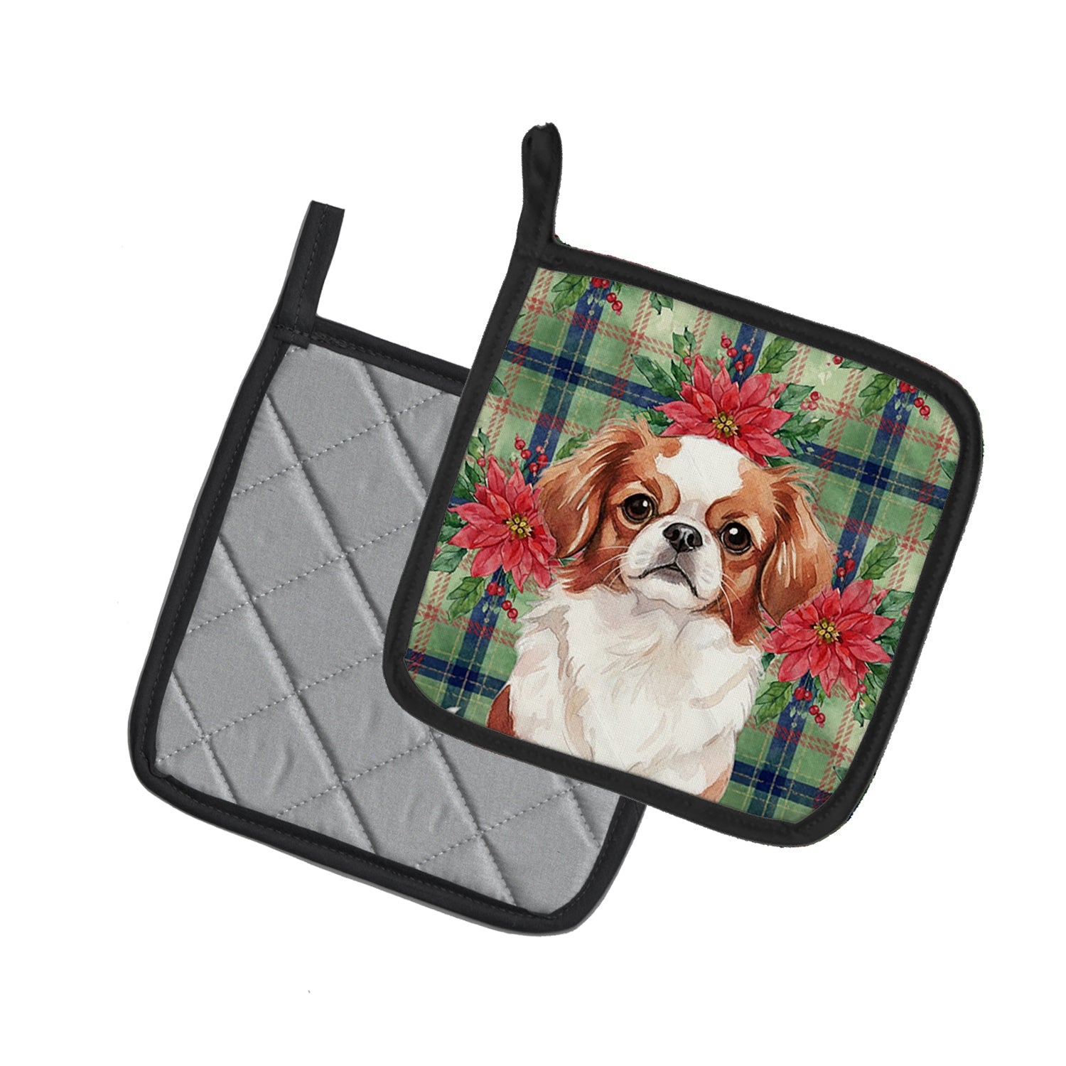 Red and White Japanese Chin Christmas PoinsettIas Pot Holder Set of 2 Heat Resistant Quilted Hot Pads 7.5 x 7.5 Inch, Insulated Kitchen Trivets for Cooking & Baking
