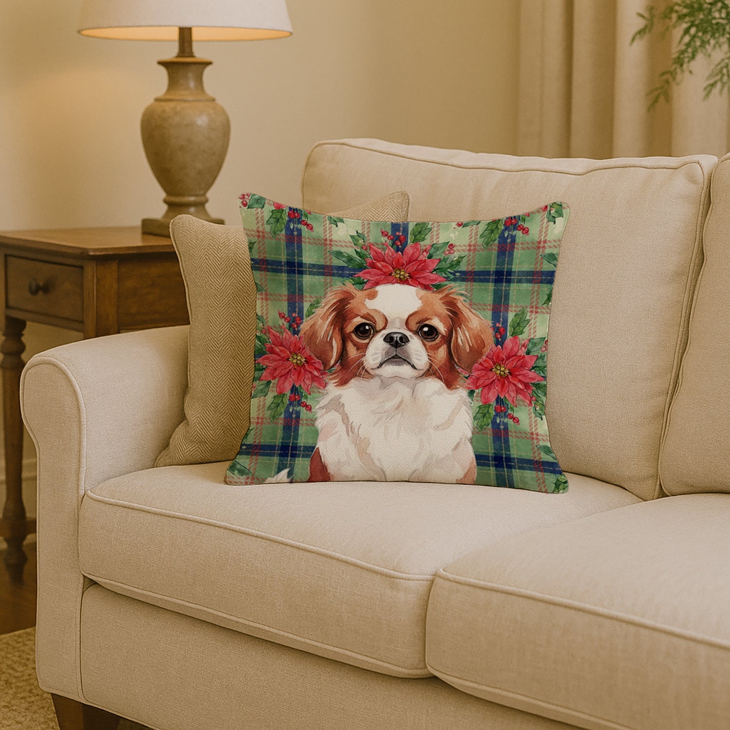 Red and White Japanese Chin Christmas PoinsettIas Decorative Throw Pillow 14x14 Indoor Outdoor Accent Cushion, Fabric Cover with Insert for Sofa, Bed, Porch & Living Room