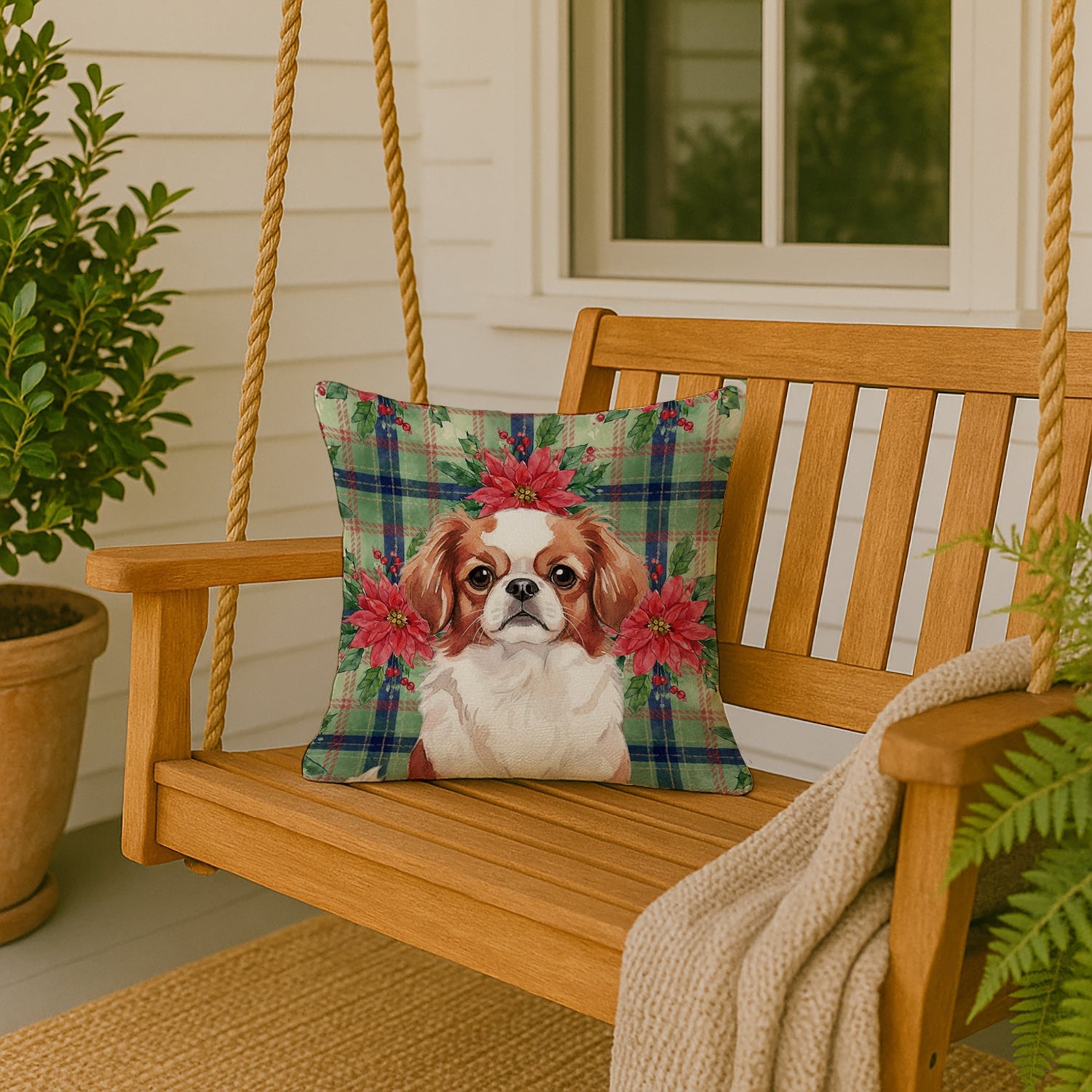 Red and White Japanese Chin Christmas PoinsettIas Decorative Throw Pillow 18x18 Indoor Outdoor Accent Cushion, Fabric Cover with Insert for Sofa, Bed, Porch & Living Room