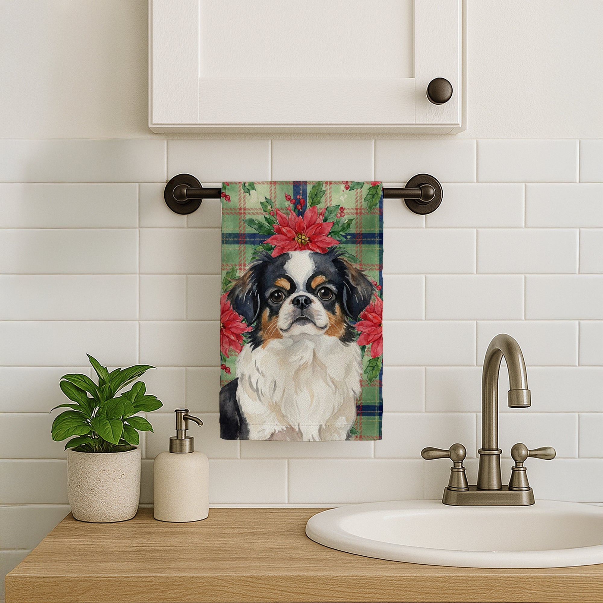 Tricolor Japanese Chin Christmas PoinsettIas Kitchen Towel Velour Plush Front and Cotton Loop Back Machine Washable