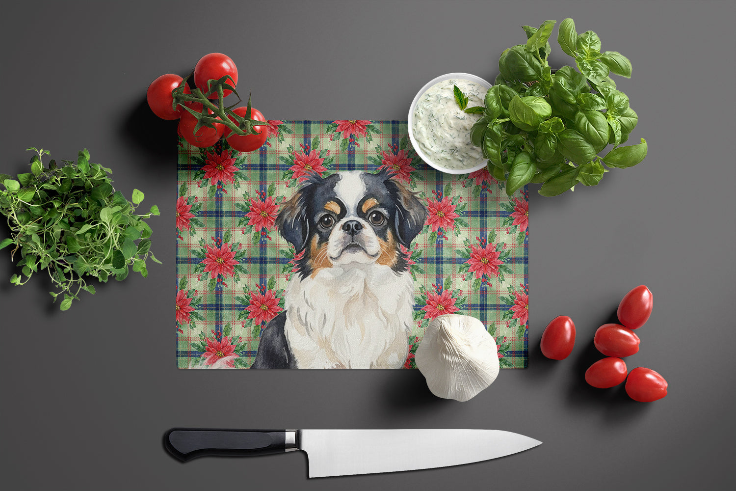 Tricolor Japanese Chin Christmas PoinsettIas Cutting Board Tempered Glass Kitchen Cutting Surface, Heat Resistant Chopping, Non-Slip Feet, Food Prep & Serving