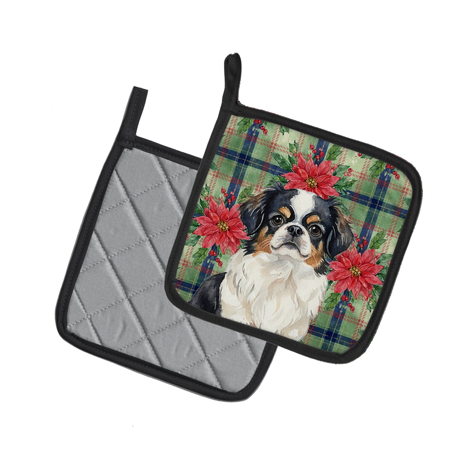 Tricolor Japanese Chin Christmas PoinsettIas Pot Holder Set of 2 Heat Resistant Quilted Hot Pads 7.5 x 7.5 Inch, Insulated Kitchen Trivets for Cooking & Baking