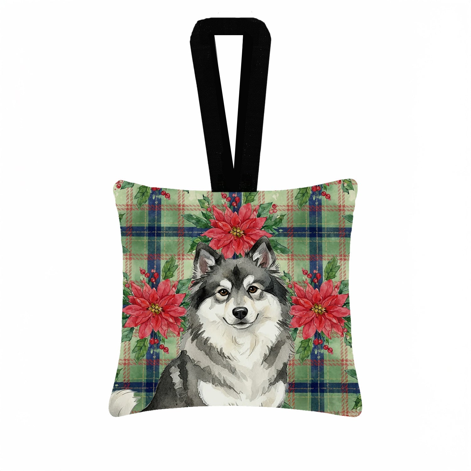 Keeshond Christmas PoinsettIas Hanging Square Fabric Ornament 3.5 � 3.5 Decorative Door-Knob & Tree Hanger, Soft Fabric