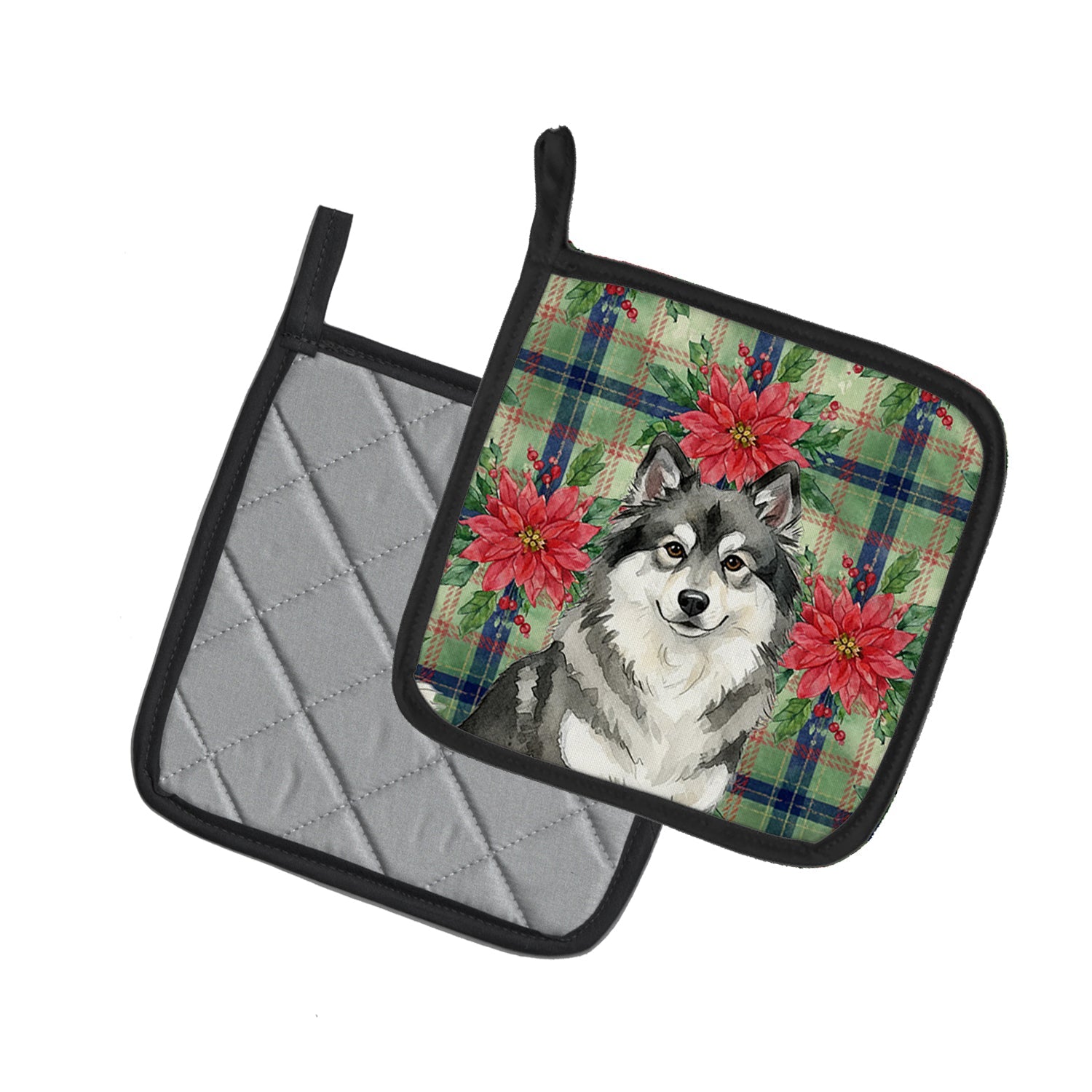 Keeshond Christmas PoinsettIas Pot Holder Set of 2 Heat Resistant Quilted Hot Pads 7.5 x 7.5 Inch, Insulated Kitchen Trivets for Cooking & Baking