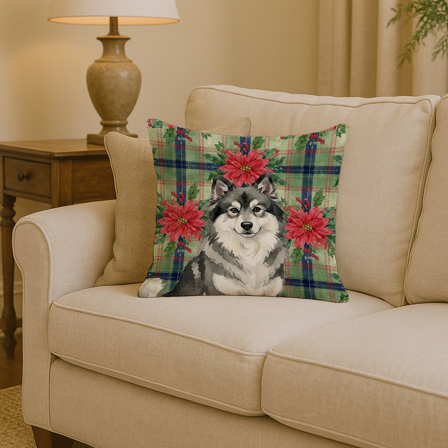 Keeshond Christmas PoinsettIas Decorative Throw Pillow 14x14 Indoor Outdoor Accent Cushion, Fabric Cover with Insert for Sofa, Bed, Porch & Living Room