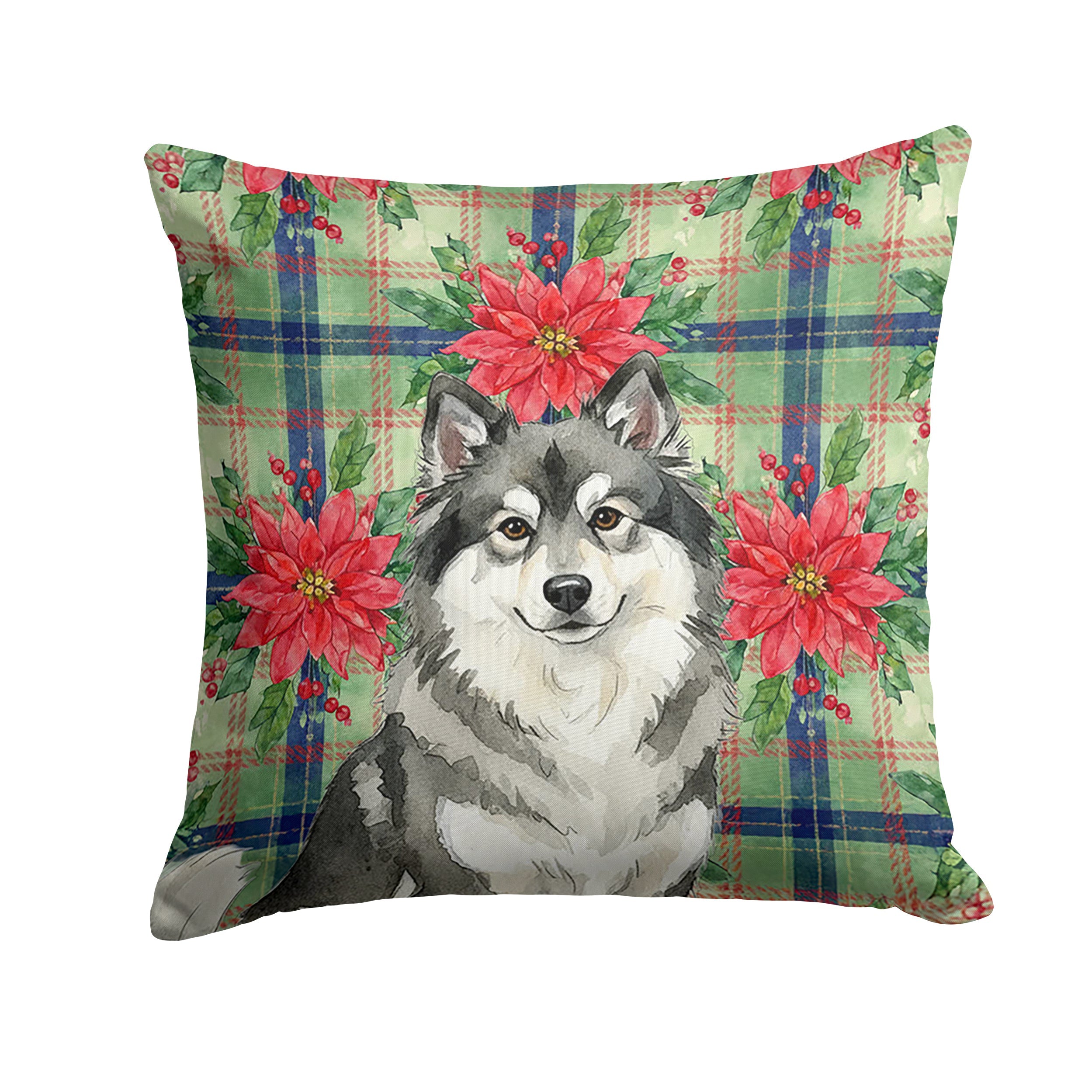 Keeshond Christmas PoinsettIas Decorative Throw Pillow 18x18 Indoor Outdoor Accent Cushion, Fabric Cover with Insert for Sofa, Bed, Porch & Living Room