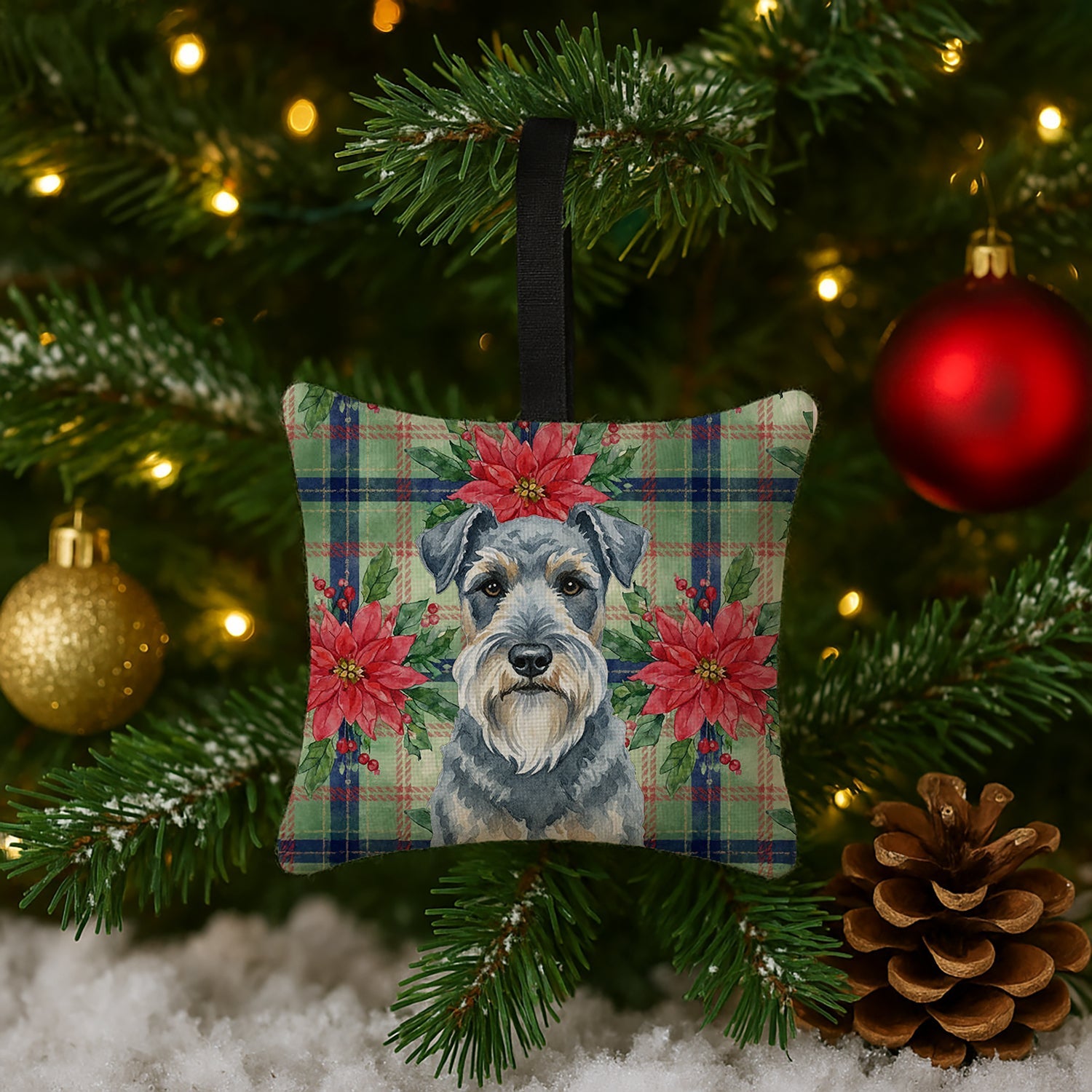 Kerry Blue Terrier Christmas PoinsettIas Hanging Square Fabric Ornament 3.5 � 3.5 Decorative Door-Knob & Tree Hanger, Soft Fabric
