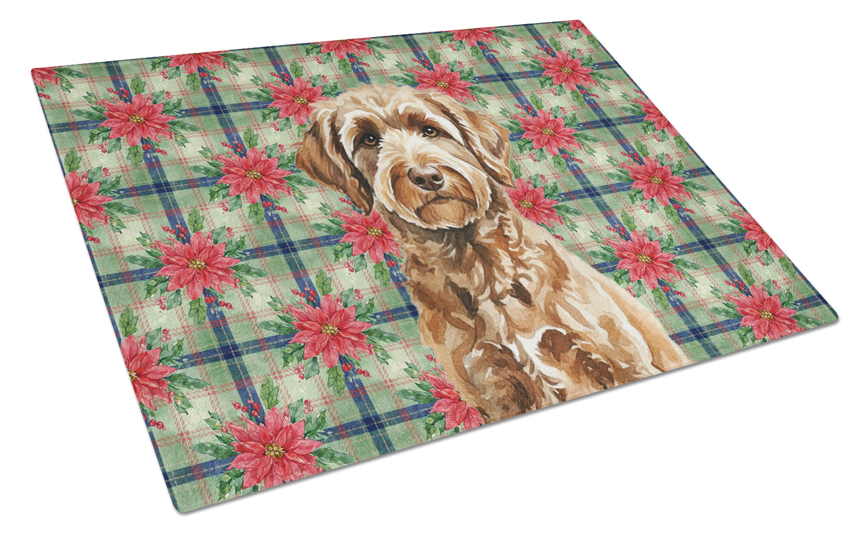 Chocolate Labradoodle Christmas PoinsettIas Cutting Board Tempered Glass Kitchen Cutting Surface, Heat Resistant Chopping, Non-Slip Feet, Food Prep & Serving