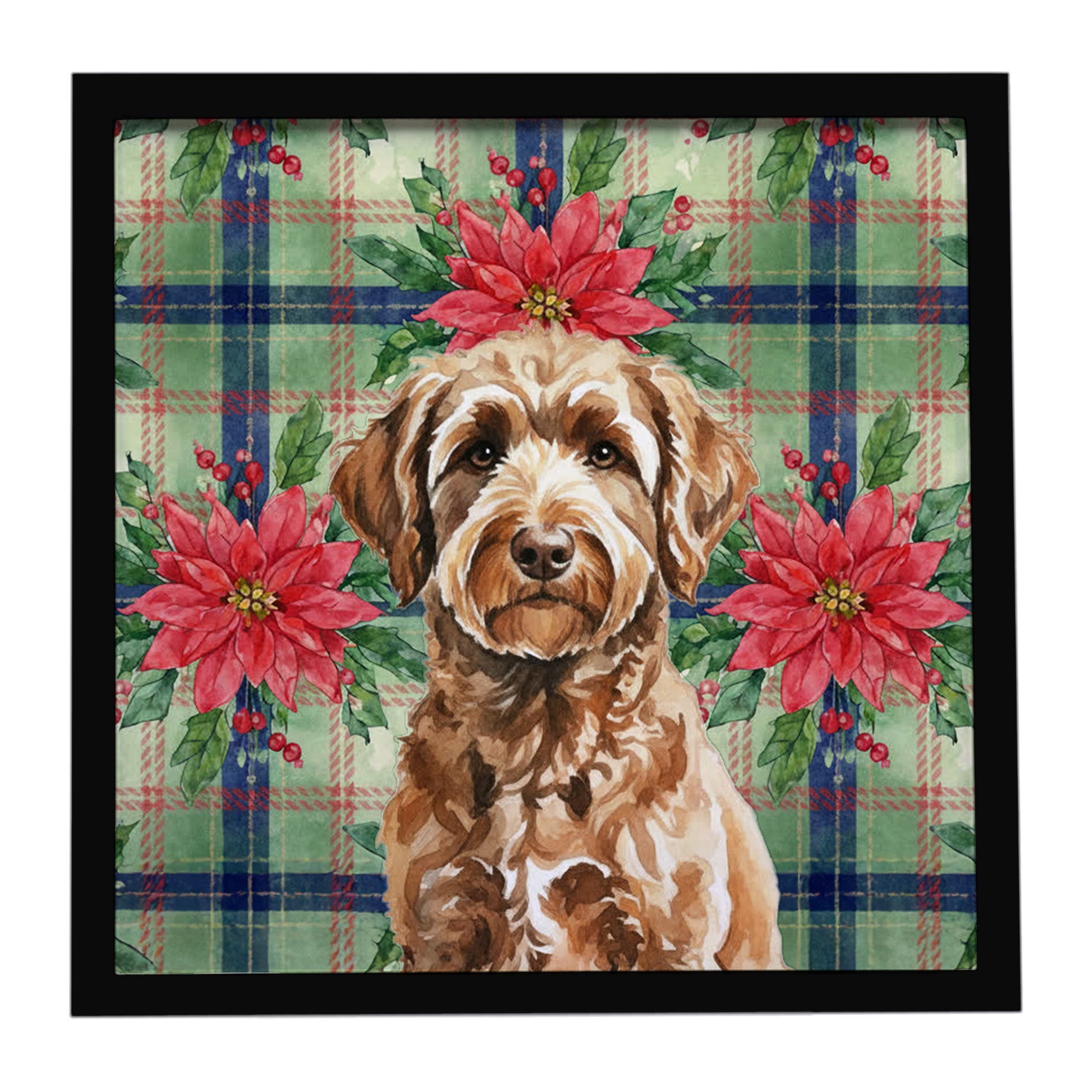 Chocolate Labradoodle Christmas PoinsettIas Framed Metal Print Bathroom, Kitchen, Office, Home Decor Wall Art Ready to Hang, Square, 8X8