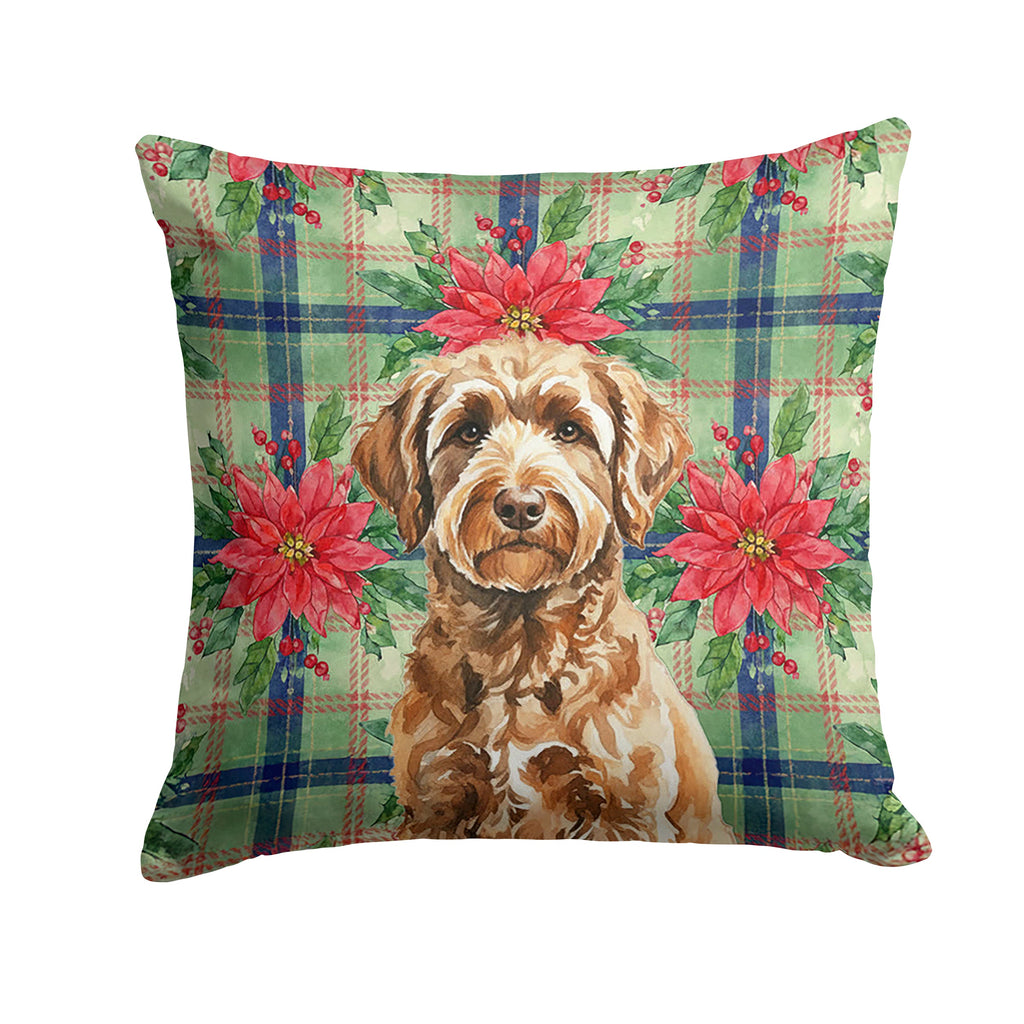 Chocolate Labradoodle Christmas PoinsettIas Decorative Throw Pillow 14x14 Indoor Outdoor Accent Cushion, Fabric Cover with Insert for Sofa, Bed, Porch & Living Room