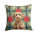 Chocolate Labradoodle Christmas PoinsettIas Decorative Throw Pillow 14x14 Indoor Outdoor Accent Cushion, Fabric Cover with Insert for Sofa, Bed, Porch & Living Room