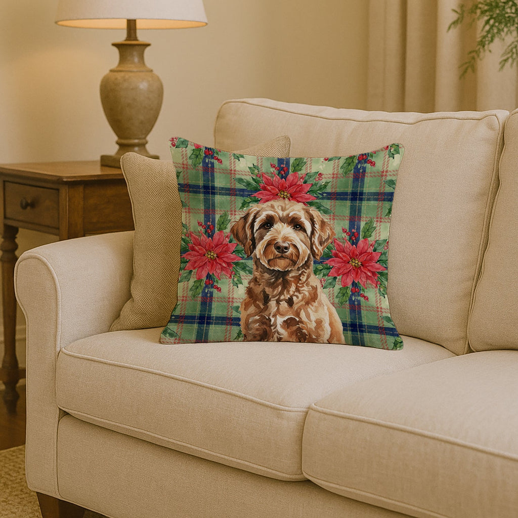 Chocolate Labradoodle Christmas PoinsettIas Decorative Throw Pillow 14x14 Indoor Outdoor Accent Cushion, Fabric Cover with Insert for Sofa, Bed, Porch & Living Room