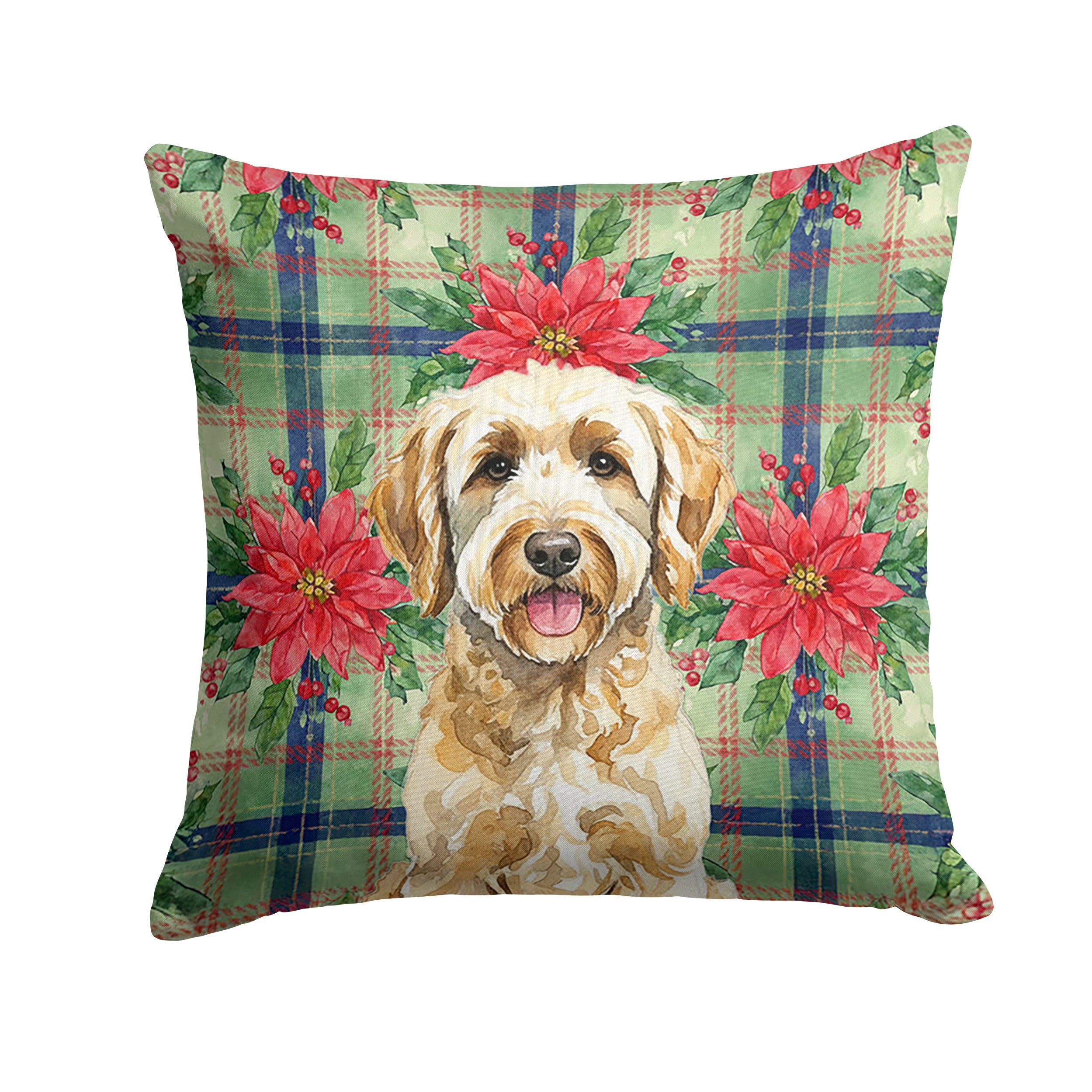 Labradoodle Christmas PoinsettIas Decorative Throw Pillow 18x18 Indoor Outdoor Accent Cushion, Fabric Cover with Insert for Sofa, Bed, Porch & Living Room
