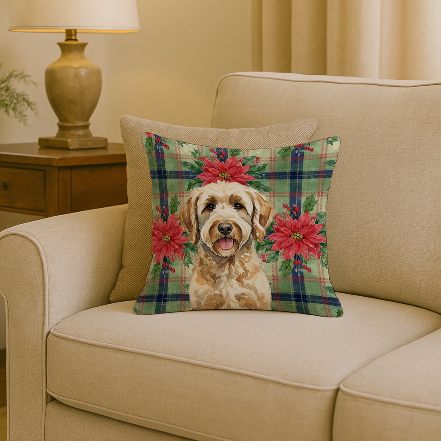 Labradoodle Christmas PoinsettIas Decorative Throw Pillow 18x18 Indoor Outdoor Accent Cushion, Fabric Cover with Insert for Sofa, Bed, Porch & Living Room