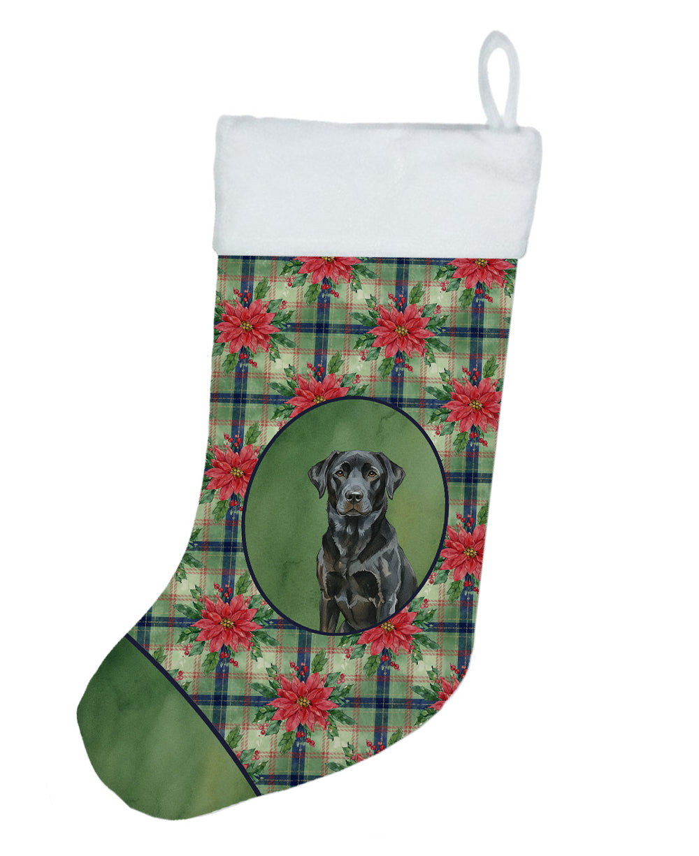 Black Labrador Retriever Christmas PoinsettIas Holiday Stocking Double-Sided Print, Polyester Suede,11x18, Made in USA
