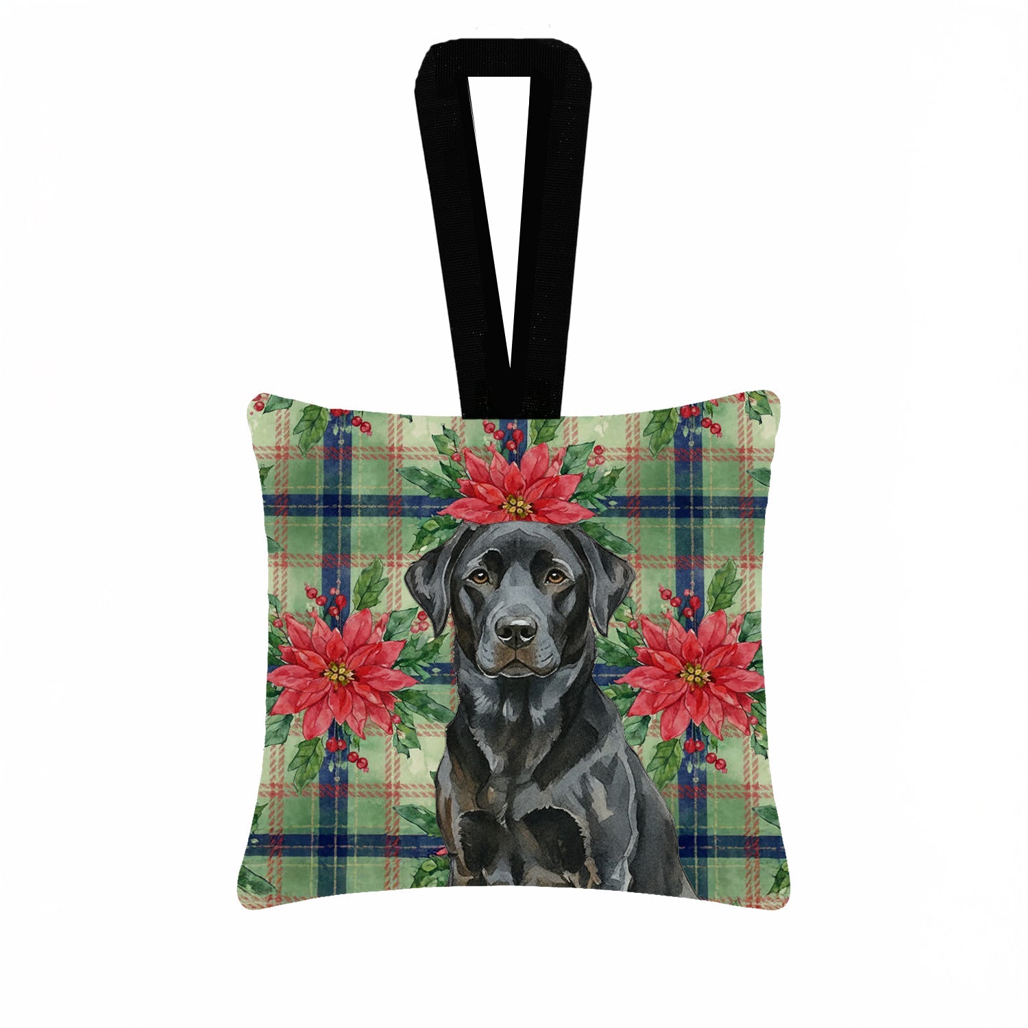 Black Labrador Retriever Christmas PoinsettIas Hanging Square Fabric Ornament 3.5 � 3.5 Decorative Door-Knob & Tree Hanger, Soft Fabric