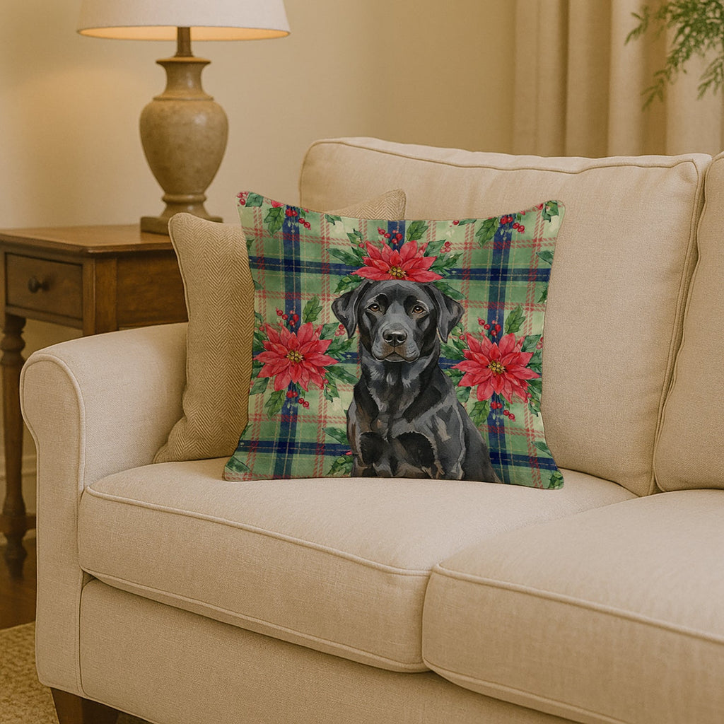 Black Labrador Retriever Christmas PoinsettIas Decorative Throw Pillow 14x14 Indoor Outdoor Accent Cushion, Fabric Cover with Insert for Sofa, Bed, Porch & Living Room