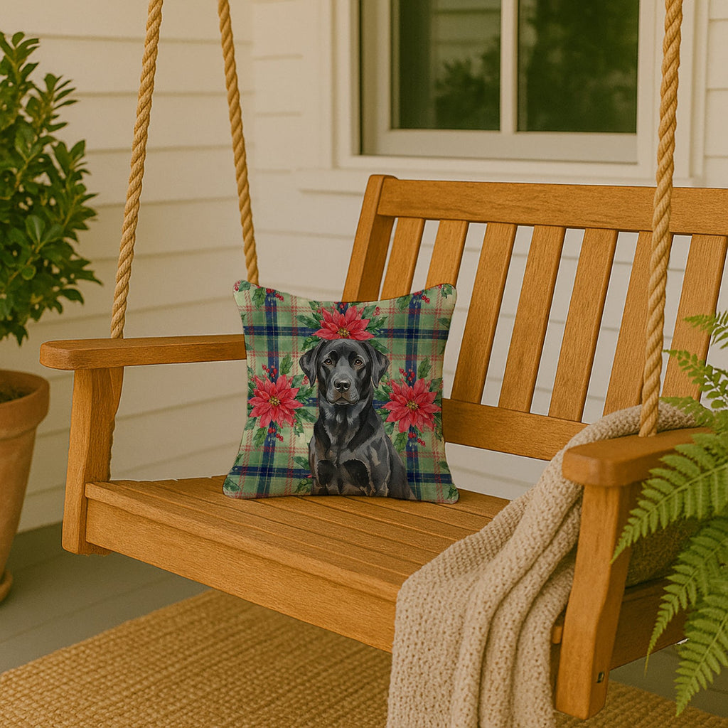 Black Labrador Retriever Christmas PoinsettIas Decorative Throw Pillow 14x14 Indoor Outdoor Accent Cushion, Fabric Cover with Insert for Sofa, Bed, Porch & Living Room