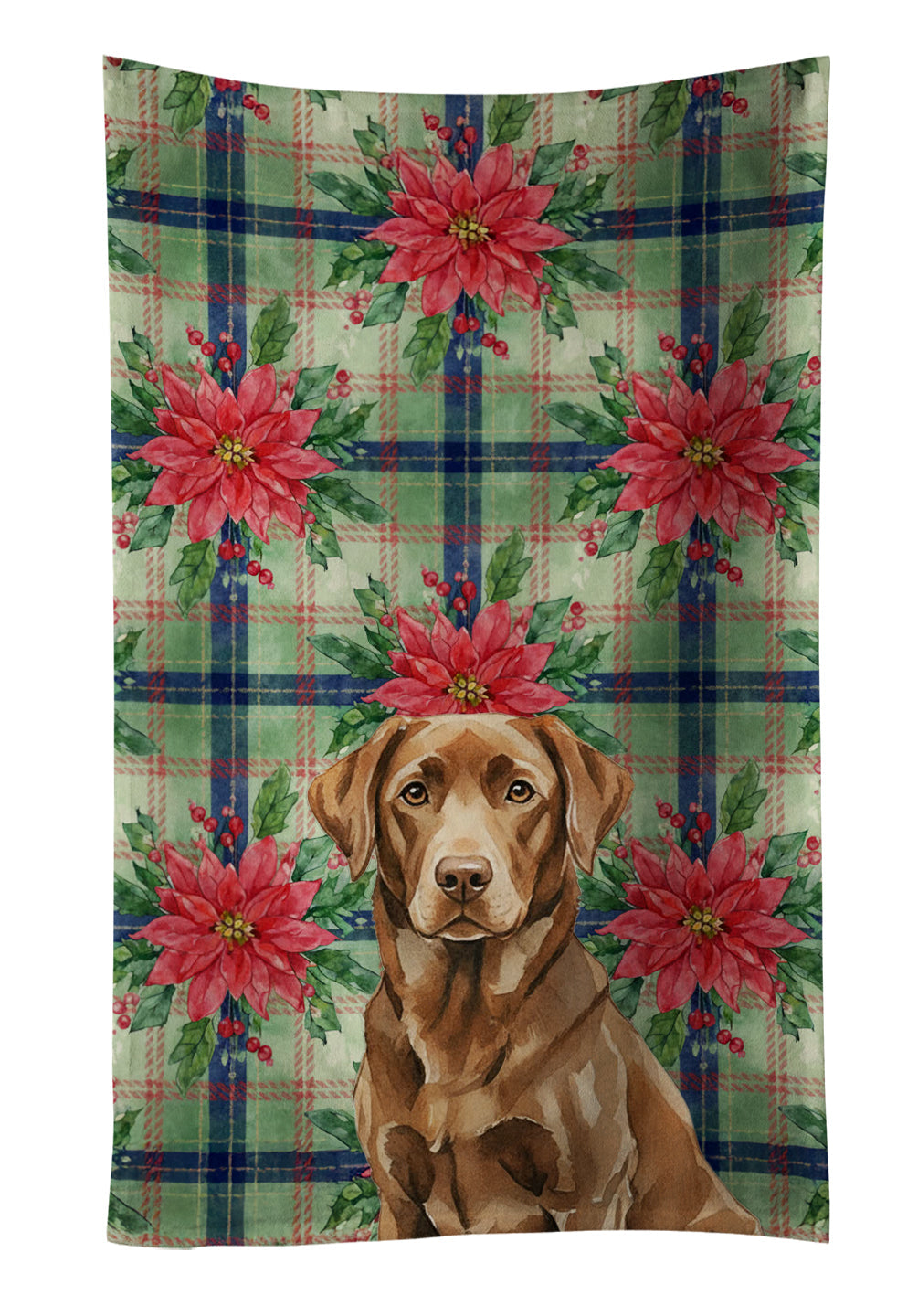 Chocolate Labrador Retriever Christmas PoinsettIas Kitchen Towel Velour Plush Front and Cotton Loop Back Machine Washable