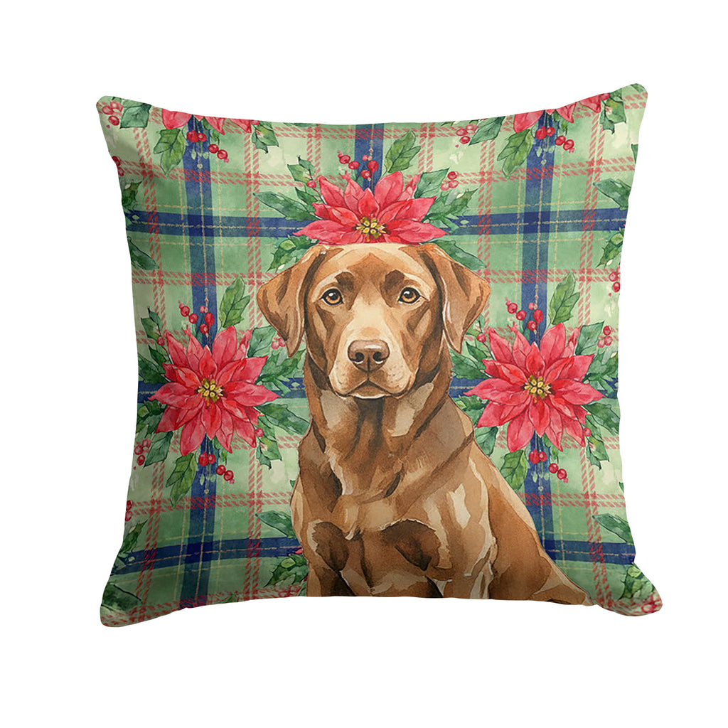Chocolate Labrador Retriever Christmas PoinsettIas Decorative Throw Pillow 14x14 Indoor Outdoor Accent Cushion, Fabric Cover with Insert for Sofa, Bed, Porch & Living Room