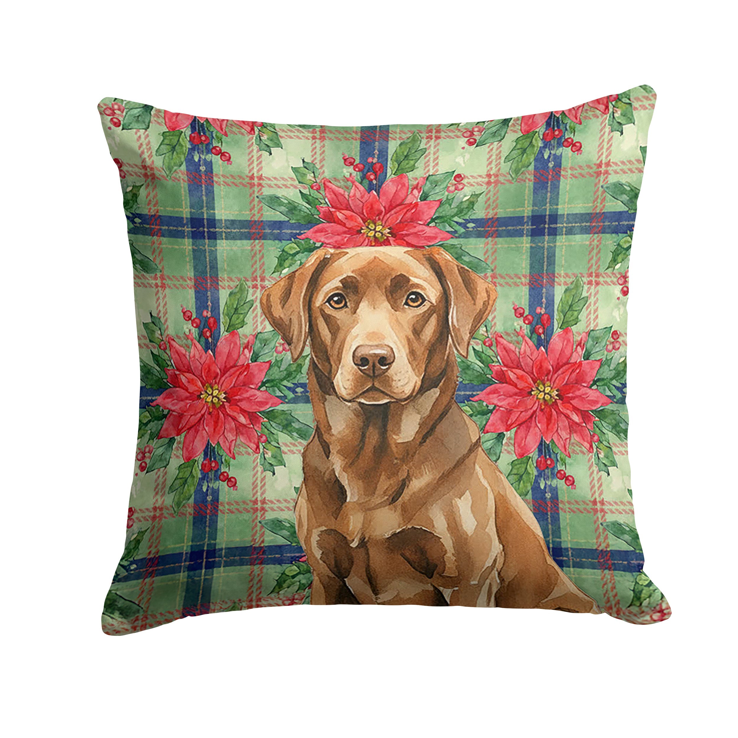 Chocolate Labrador Retriever Christmas PoinsettIas Decorative Throw Pillow 14x14 Indoor Outdoor Accent Cushion, Fabric Cover with Insert for Sofa, Bed, Porch & Living Room