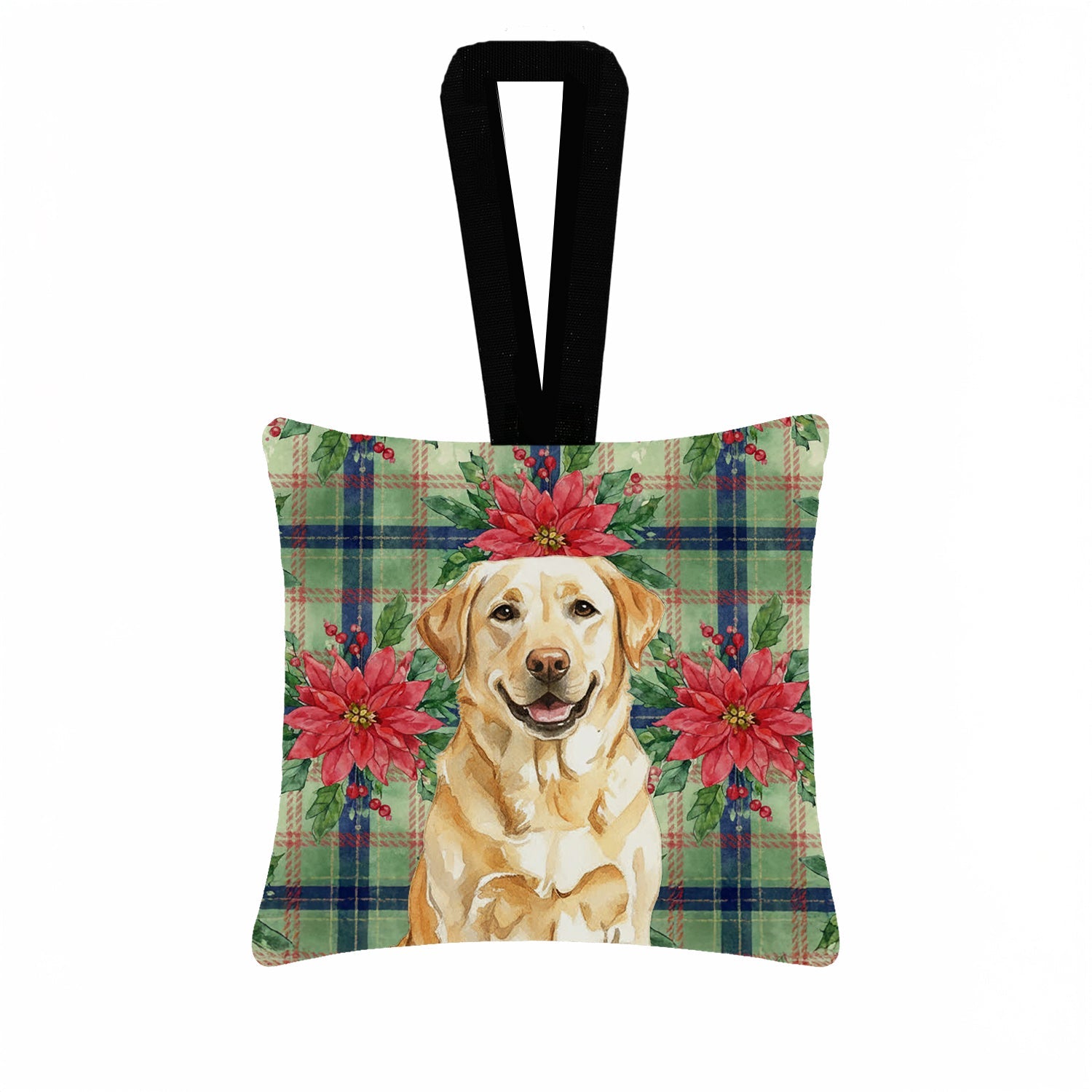 Yellow Labrador Retriever Christmas PoinsettIas Hanging Square Fabric Ornament 3.5 � 3.5 Decorative Door-Knob & Tree Hanger, Soft Fabric