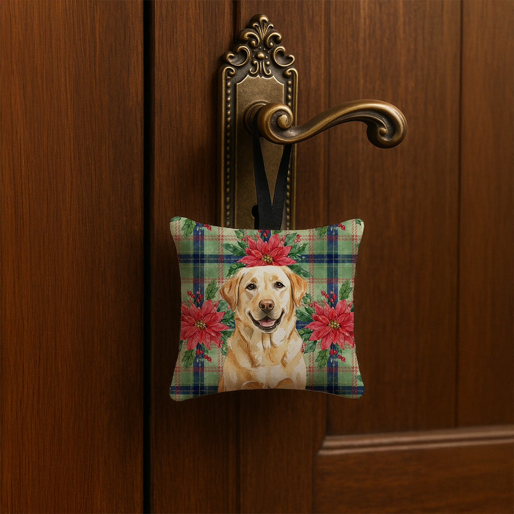 Yellow Labrador Retriever Christmas PoinsettIas Hanging Square Fabric Ornament 3.5 � 3.5 Decorative Door-Knob & Tree Hanger, Soft Fabric