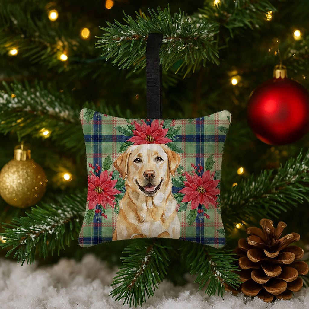 Yellow Labrador Retriever Christmas PoinsettIas Hanging Square Fabric Ornament 3.5 � 3.5 Decorative Door-Knob & Tree Hanger, Soft Fabric