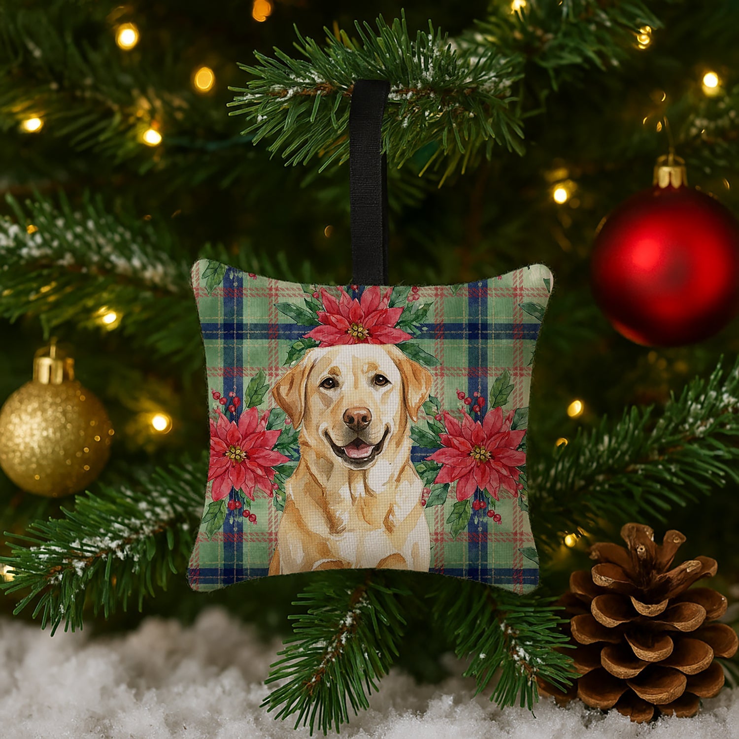 Yellow Labrador Retriever Christmas PoinsettIas Hanging Square Fabric Ornament 3.5 � 3.5 Decorative Door-Knob & Tree Hanger, Soft Fabric