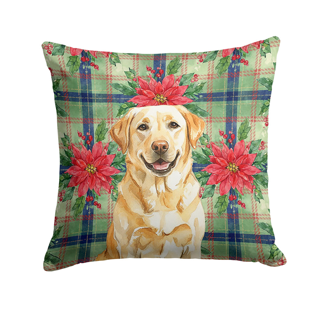 Yellow Labrador Retriever Christmas PoinsettIas Decorative Throw Pillow 14x14 Indoor Outdoor Accent Cushion, Fabric Cover with Insert for Sofa, Bed, Porch & Living Room