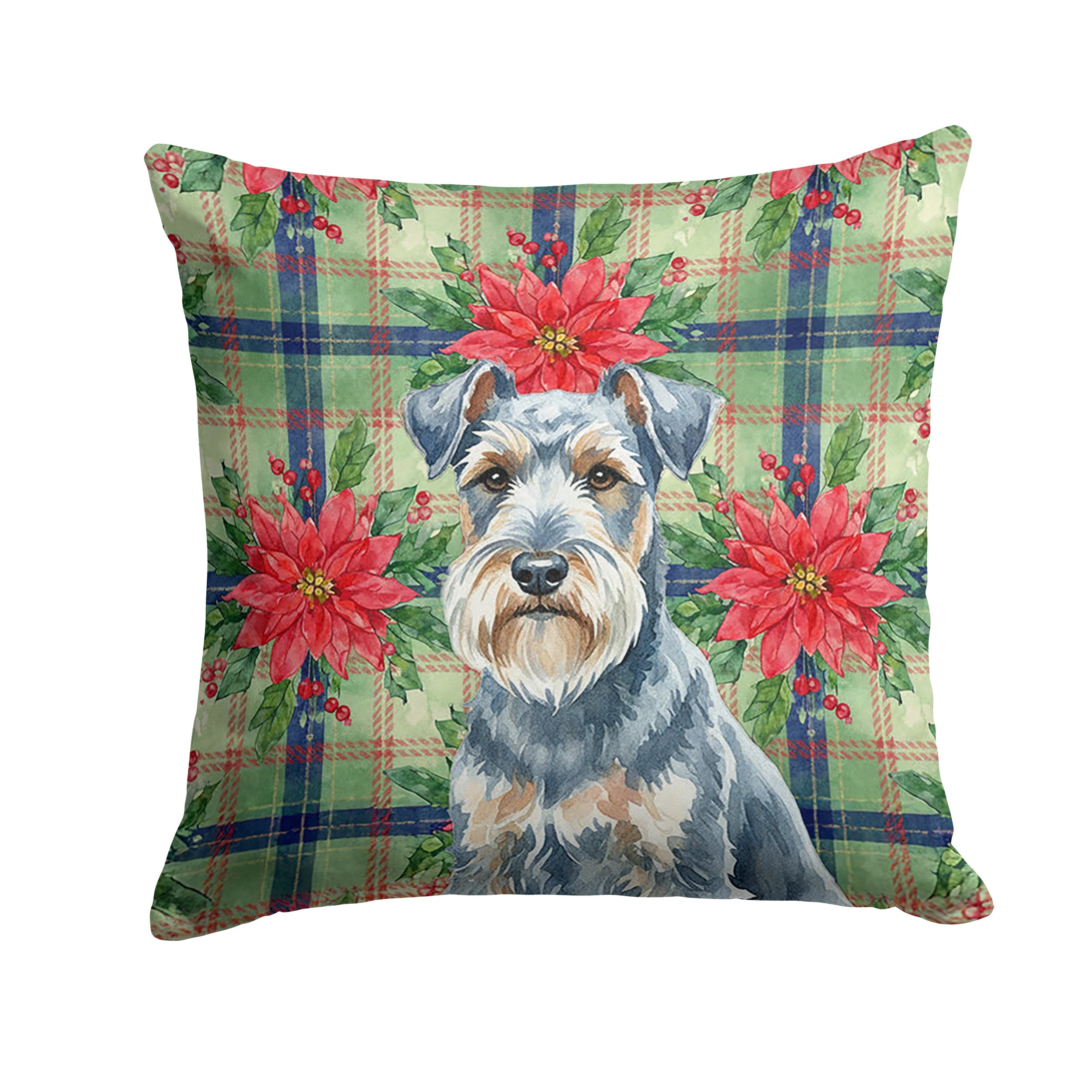 Blue Lakeland Terrier Christmas PoinsettIas Decorative Throw Pillow 18x18 Indoor Outdoor Accent Cushion, Fabric Cover with Insert for Sofa, Bed, Porch & Living Room