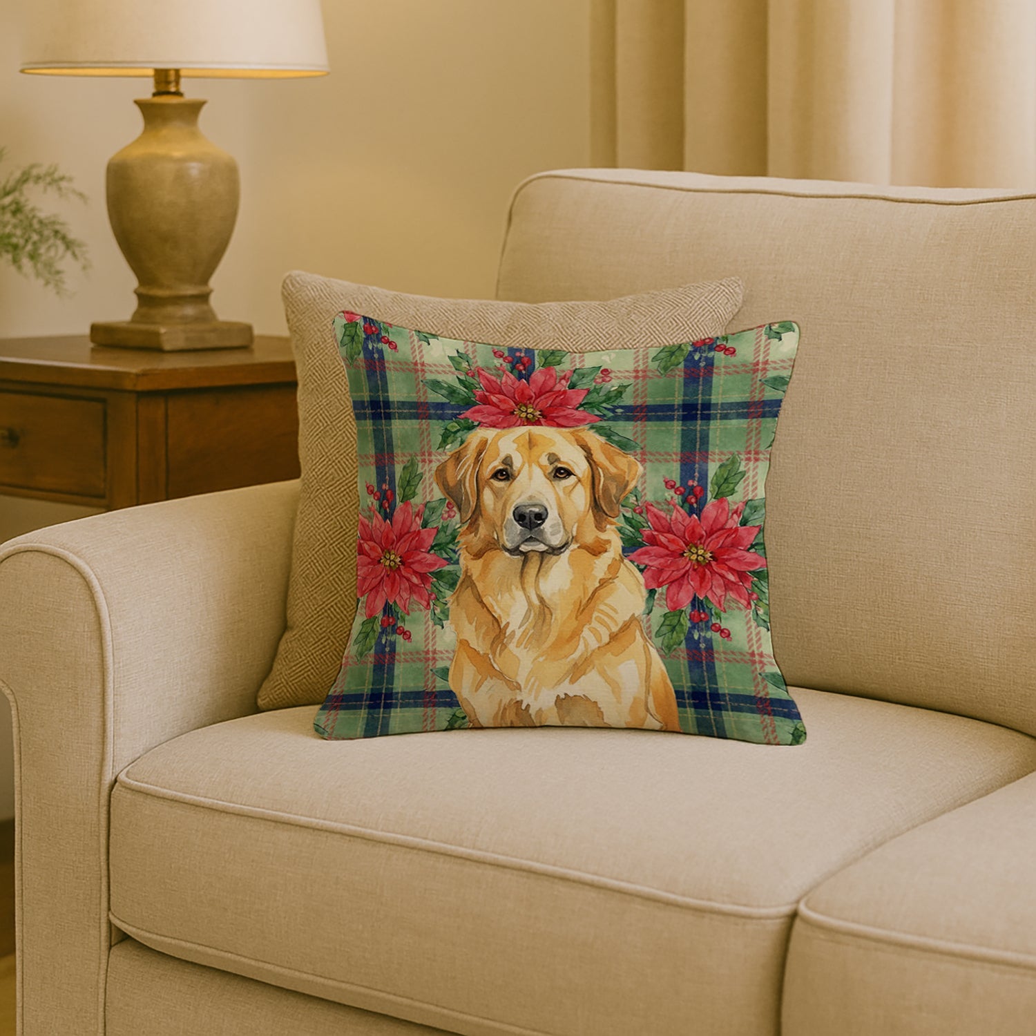 Lion Yellow Leonberger Christmas PoinsettIas Decorative Throw Pillow 18x18 Indoor Outdoor Accent Cushion, Fabric Cover with Insert for Sofa, Bed, Porch & Living Room