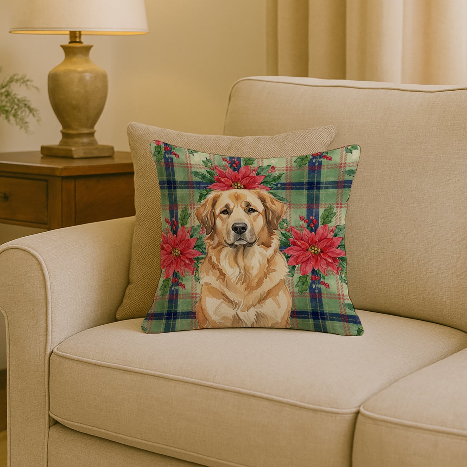 Sandy Leonberger Christmas PoinsettIas Decorative Throw Pillow 18x18 Indoor Outdoor Accent Cushion, Fabric Cover with Insert for Sofa, Bed, Porch & Living Room