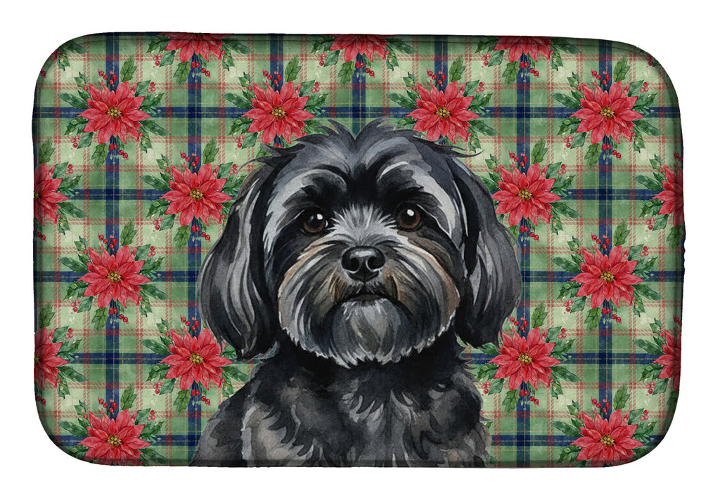Black Lhasa Apso Christmas PoinsettIas Dish Drying Mat Absorbent Dish Drying Mat Pad for Kitchen Counter Dish Drainer Mat for Countertop, 14 x 21", Multicolor