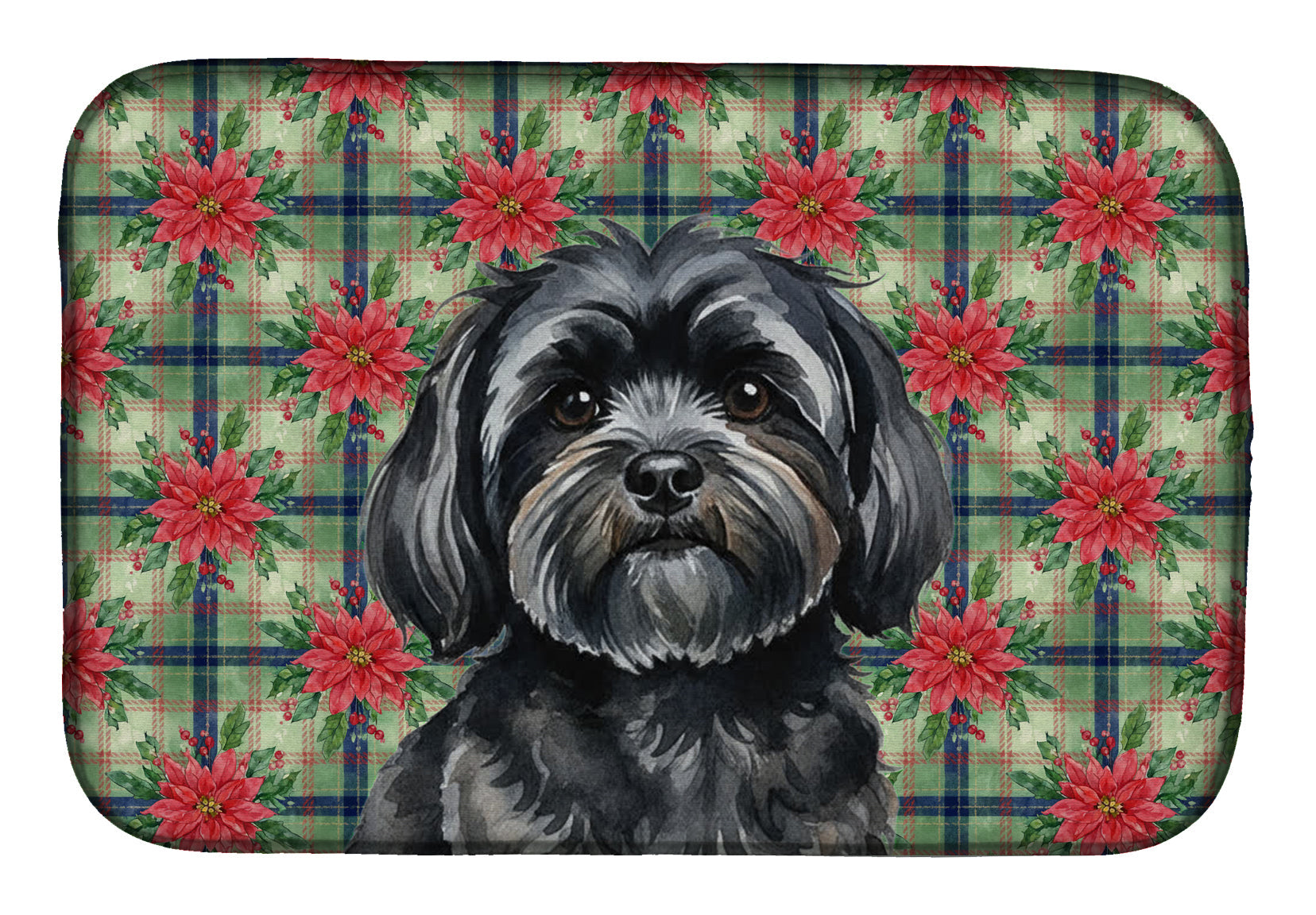 Black Lhasa Apso Christmas PoinsettIas Dish Drying Mat Absorbent Dish Drying Mat Pad for Kitchen Counter Dish Drainer Mat for Countertop, 14 x 21", Multicolor
