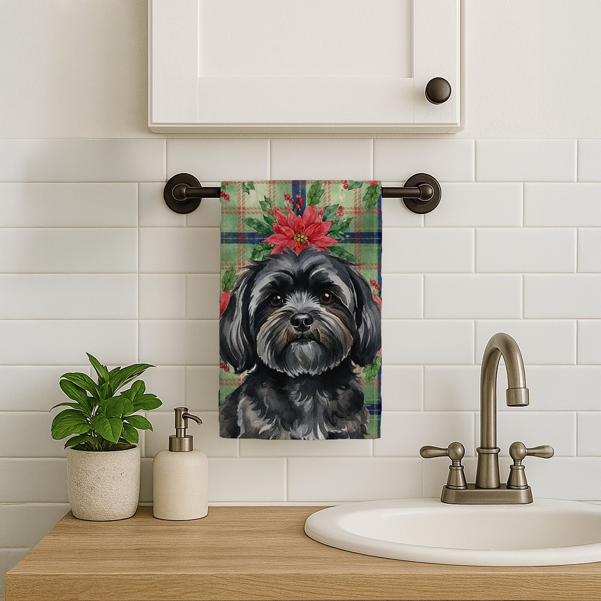 Black Lhasa Apso Christmas PoinsettIas Kitchen Towel Velour Plush Front and Cotton Loop Back Machine Washable